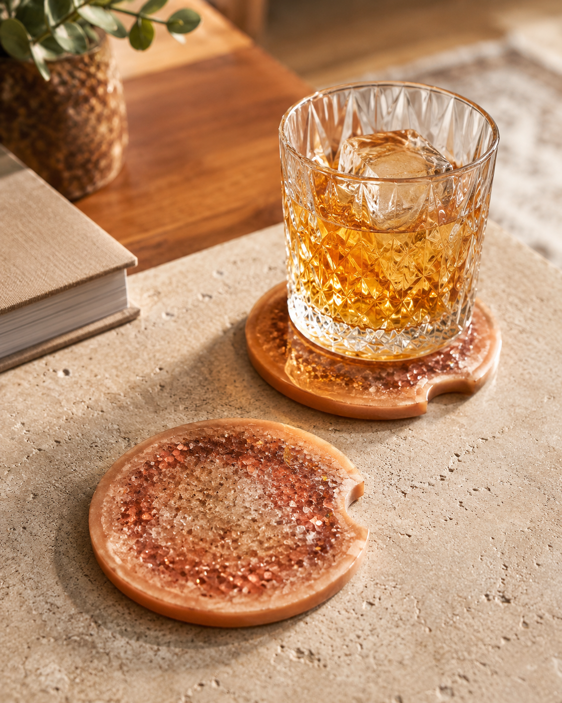 Copper Blush Geode Resin Car Coaster Set