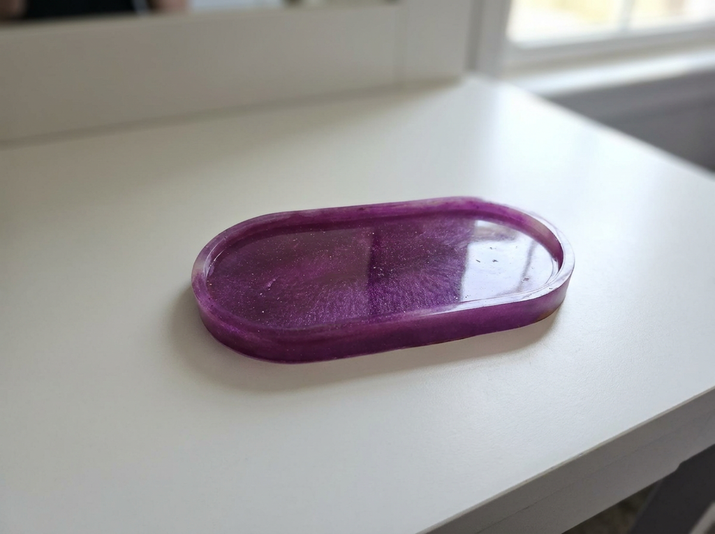 Velvet Alchemy Amethyst Romance LOVE Tray: purple resin vanity tray with pink shimmer, butterfly and floral accents.