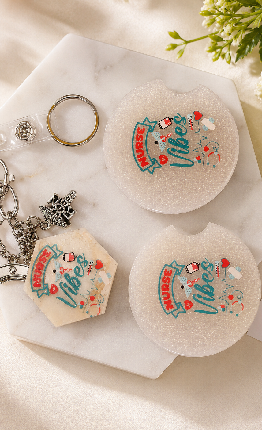 Nurse Vibes Resin Gift Set | Keychain, Badge Reel & Car Coasters