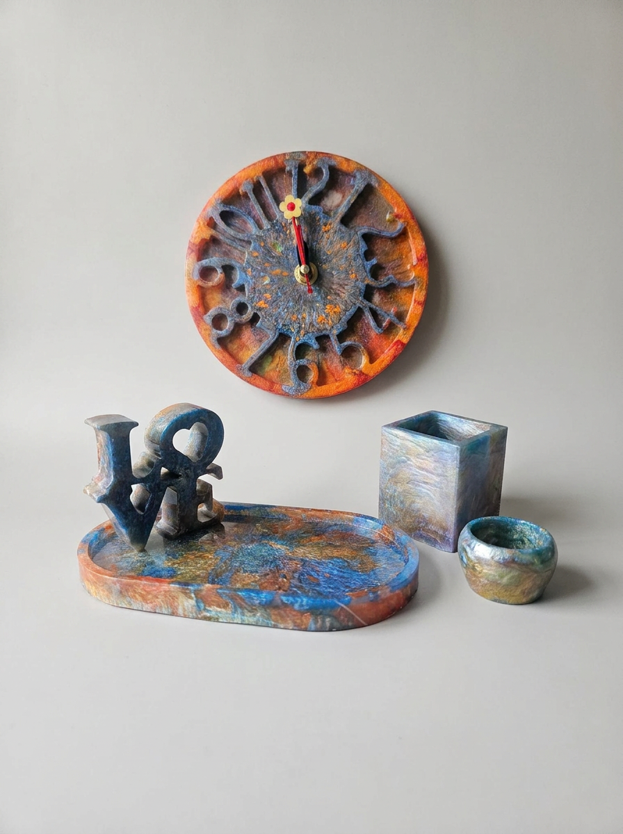 Ember Tide Resin Desk & Décor Set with Wall Clock